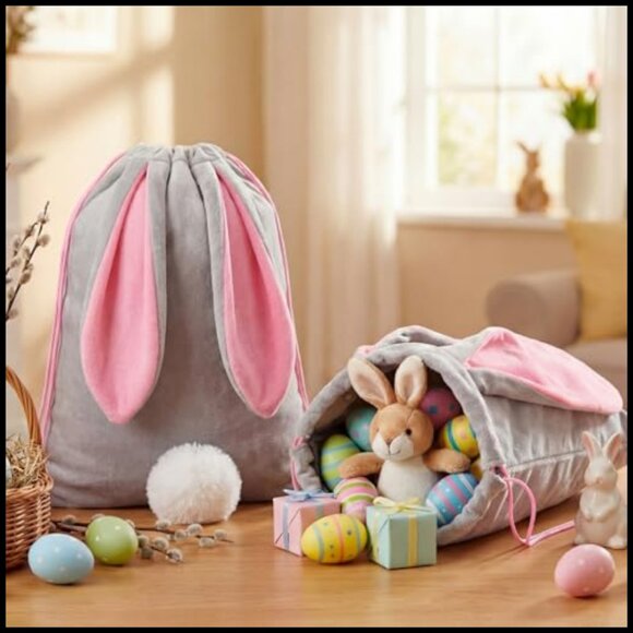 Large Velvet Easter Bunny Drawstring Backpack Reusable Treat Bag with Ears and main image 5
